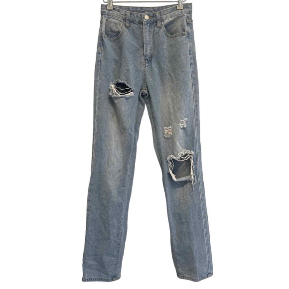 SHEIN Denim - Shein Light Blue Denim Distressed High Rise Straight Leg Jeans‎ Size 2